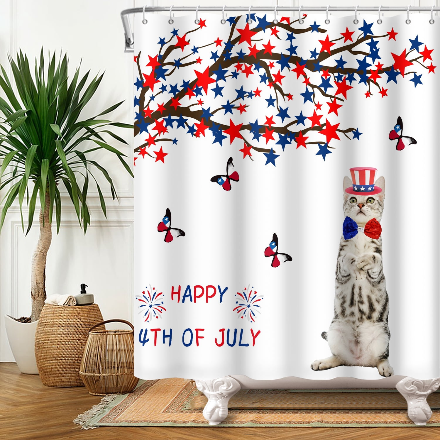 SUNOLIFE 4th of July Shower Curtain,Patriotic Independence Day Cat Fabric Bathroom Curtain with Hooks,72x72 in