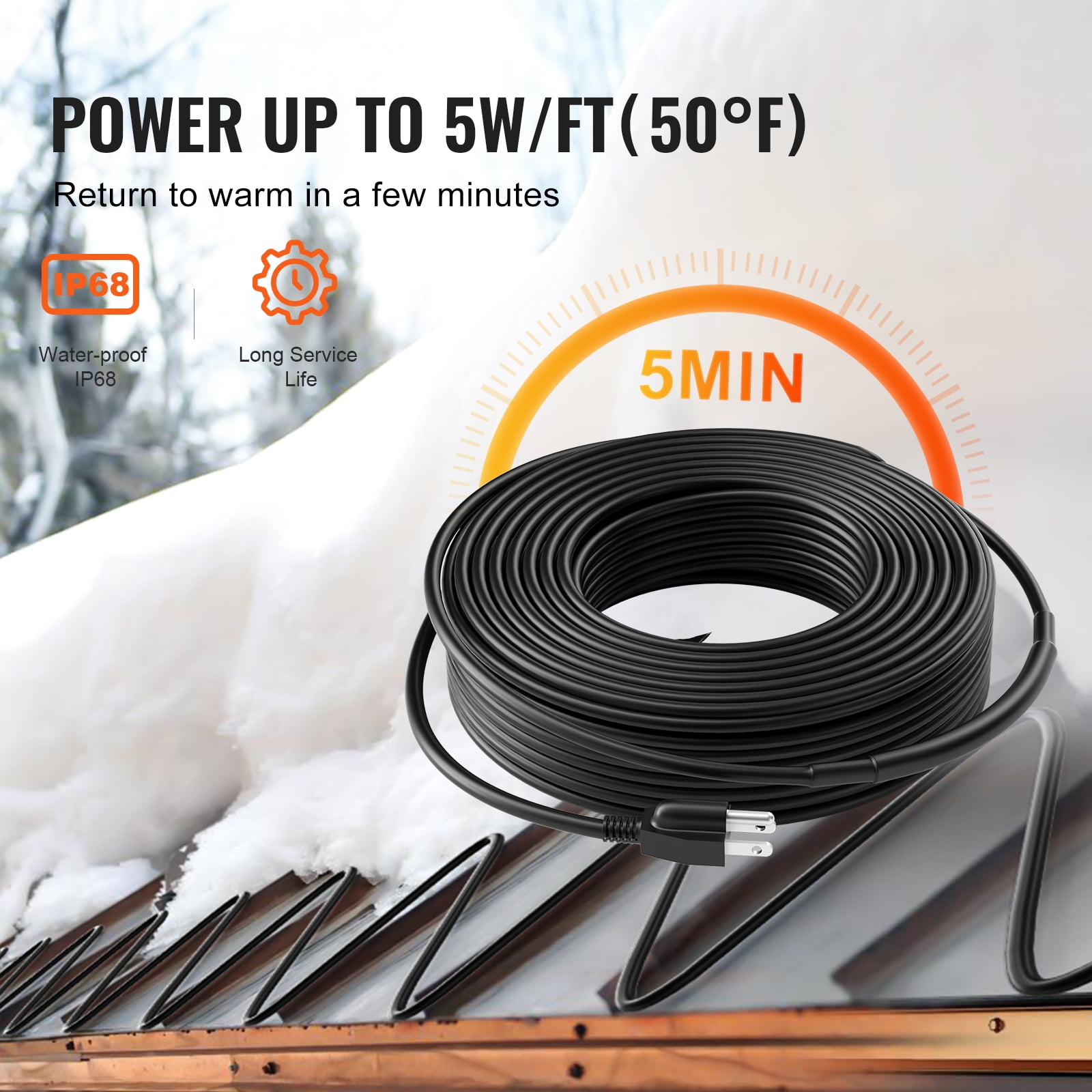 KFFKFF Self-Regulating Heating Cable for Pipes, 140FT 5W/FT Heat Tape for Freeze Protection, Roof Snow Melting, and Gutter De-icing