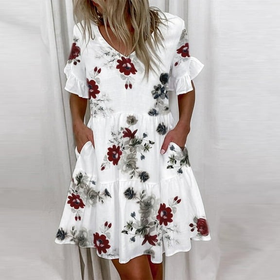 TIHLMK Womens Dresses Women Casual V-Neck Ruffle Short Sleeve Printing Pocket Dress
