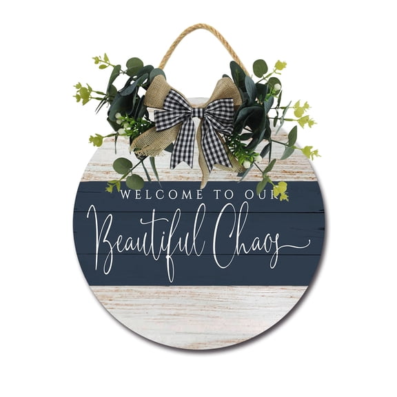 Eveokoki Welcome To Our Beautiful Chaos Front Door Sign Funny Wreaths Hanging Wooden Plaque Decoration Round Rustic Wood Farmhouse Porch Decor for Home Front Door Decor, 12 x 12 Inch