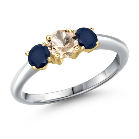 Gem Stone King 925 Silver and 10K Yellow Gold Peach Morganite and Blue Sapphire Engagement Ring for Women | 1.10 Cttw | Round 5MM | Gemstone October Birthstone | Size 8