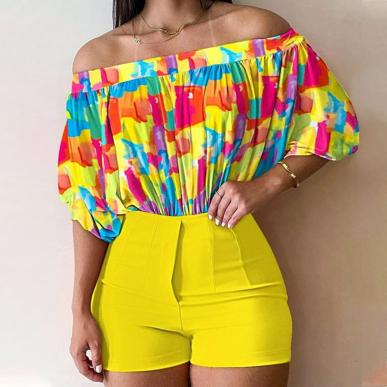EHQJNJ Red Outfits for Women 2 Piece Set Two Piece Shorts Spring Summer  Tops 2024 Fashion Clothing Floral Print Ruffle Off Shoulder Shorts Two  Piece Set with Belt Vegas Outfits for Women 