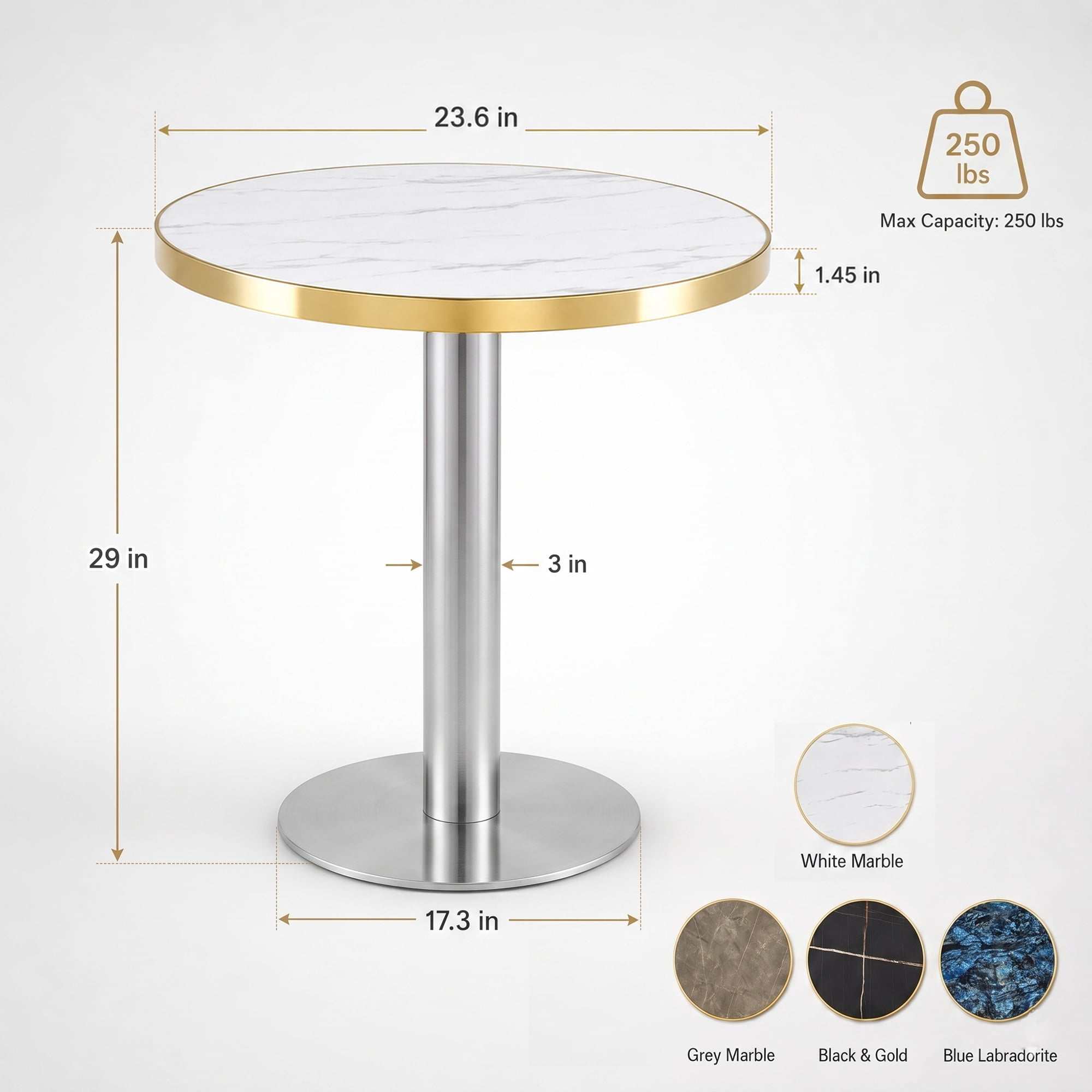 Minimalist Round Bistro Table, 23.6" Faux White Marble Cafe Table with Silver Stainless Steel Base & Edge Banding, High-Gloss Corner Accent Dining Table for Small Spaces Office Salon