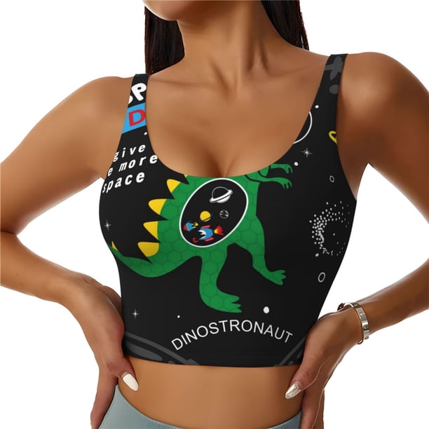 Balery Space Dino Cartoon Black Sujetadores deportivos con espalda cruzada para mujer, acolchados, sin costuras, de alto impacto, ideales para yoga, gimnasio, entrenamiento y fitness.-Large