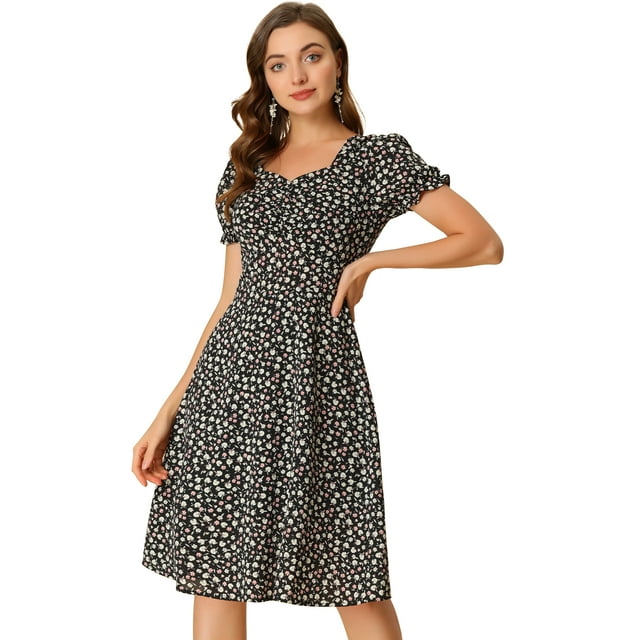 INSPIRE CHIC Robe Décontractée Imprimée à Manches Courtes en Chiffon Ajustée et Évasée pour Femmes Noir Blanc TG