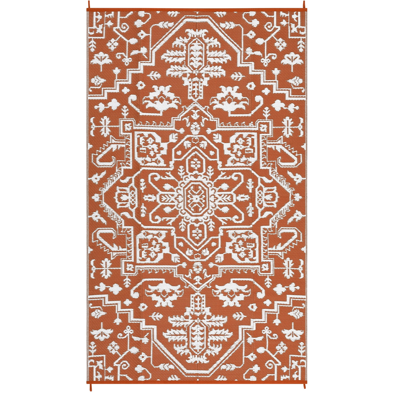 GlowSol 9'x18' Outdoor Rug Reversible Plastic Straw Area Rug Vintage Medallion Waterproof Area Rug for Patio Deck Balcony Backyard Picnic Beach, Brick Red White