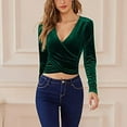 thumbnail image 4 of Hfyihgf Womens Deep V Neck Blouse Long Sleeve Velvet Unique Cross Wrap Sexy Slim Fit Croped Tops Green M, 4 of 8