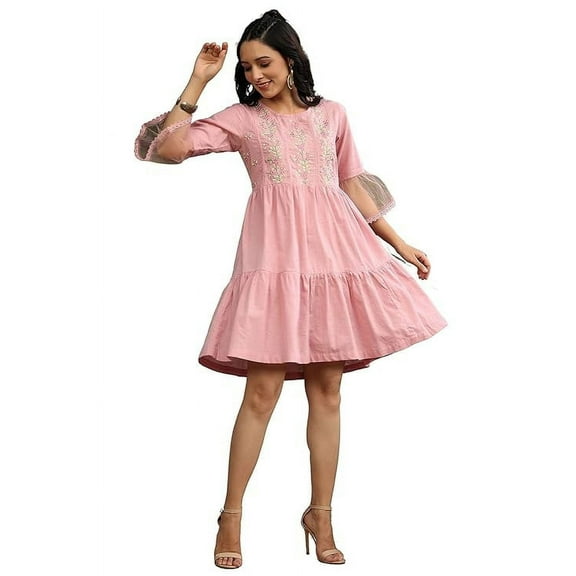 Juniper Blush Pink Floral Printed Cotton Slub Tiered Short Dress With Thread Work Embroidery