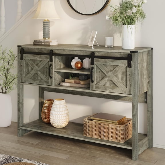 RoyalCraft Farmhouse Console Table with Storage, 46" Entryway Table with Sliding Barn Door, Narrow Long Sofa Table, Behind Couch Table for Living Room, Entryway, Foyer, Light Grey