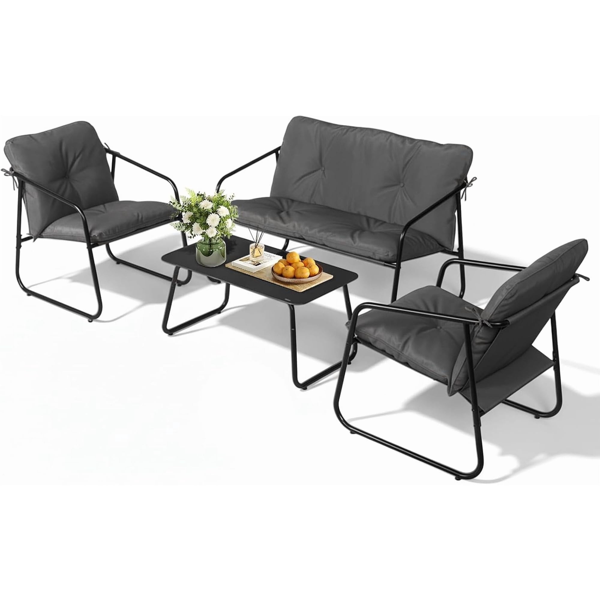 4 count Patio Conversation Set, Outdoor Furniture Set with Glass Coffee Table & Comfortable Cushion, -Weather Cushioned Seating for Garden, Backyard, Porch, Grey