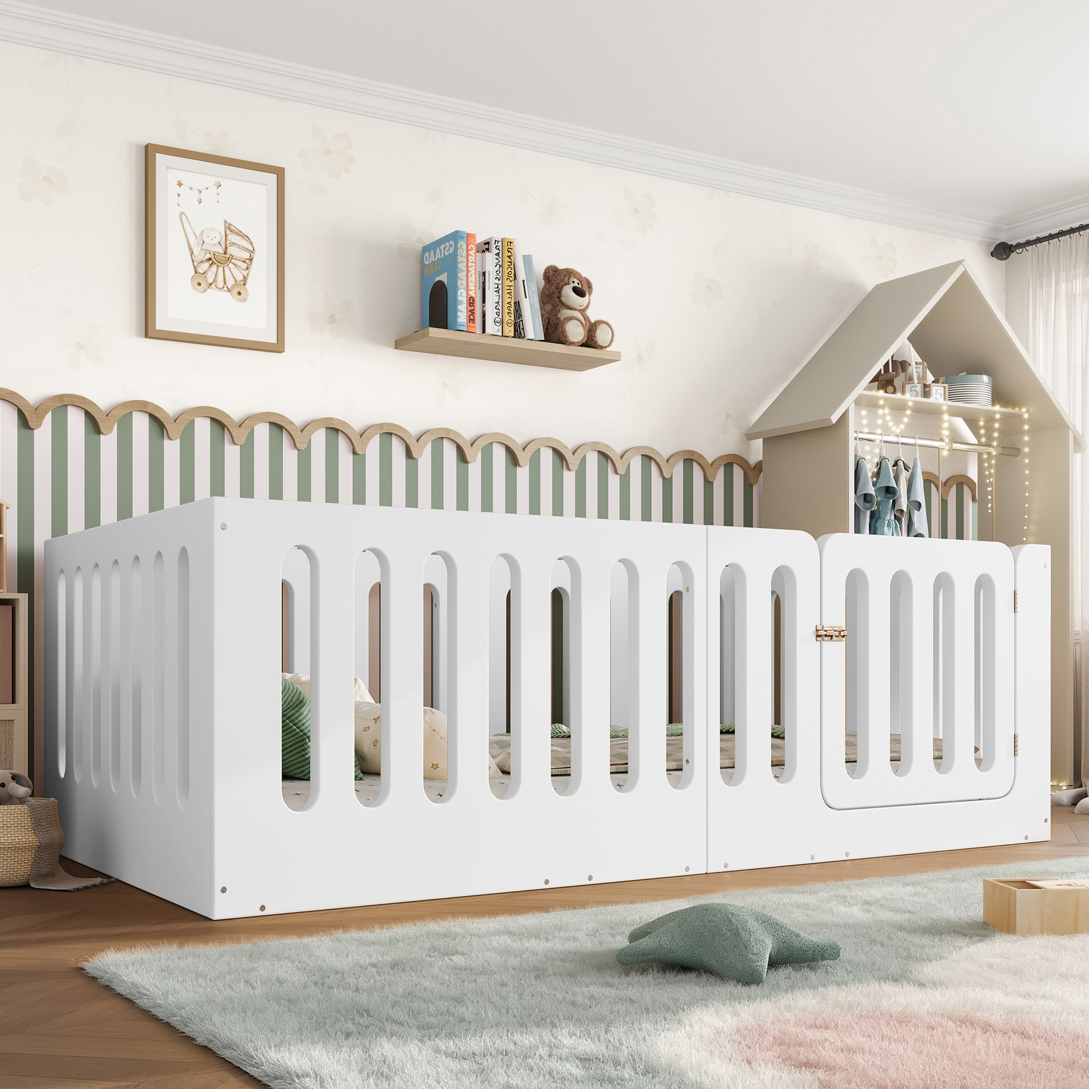 GDF Studio Twin Size Montessori Floor Bed with High Guardrails & Door, Low-Profile Design, White