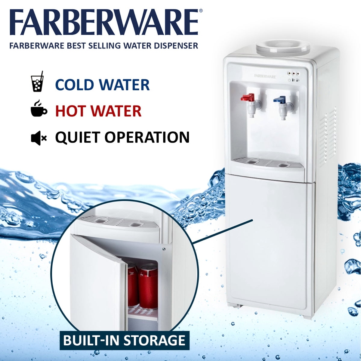 Farberware Freestanding Compact Water Cooler Hot and Cold Dispenser, White