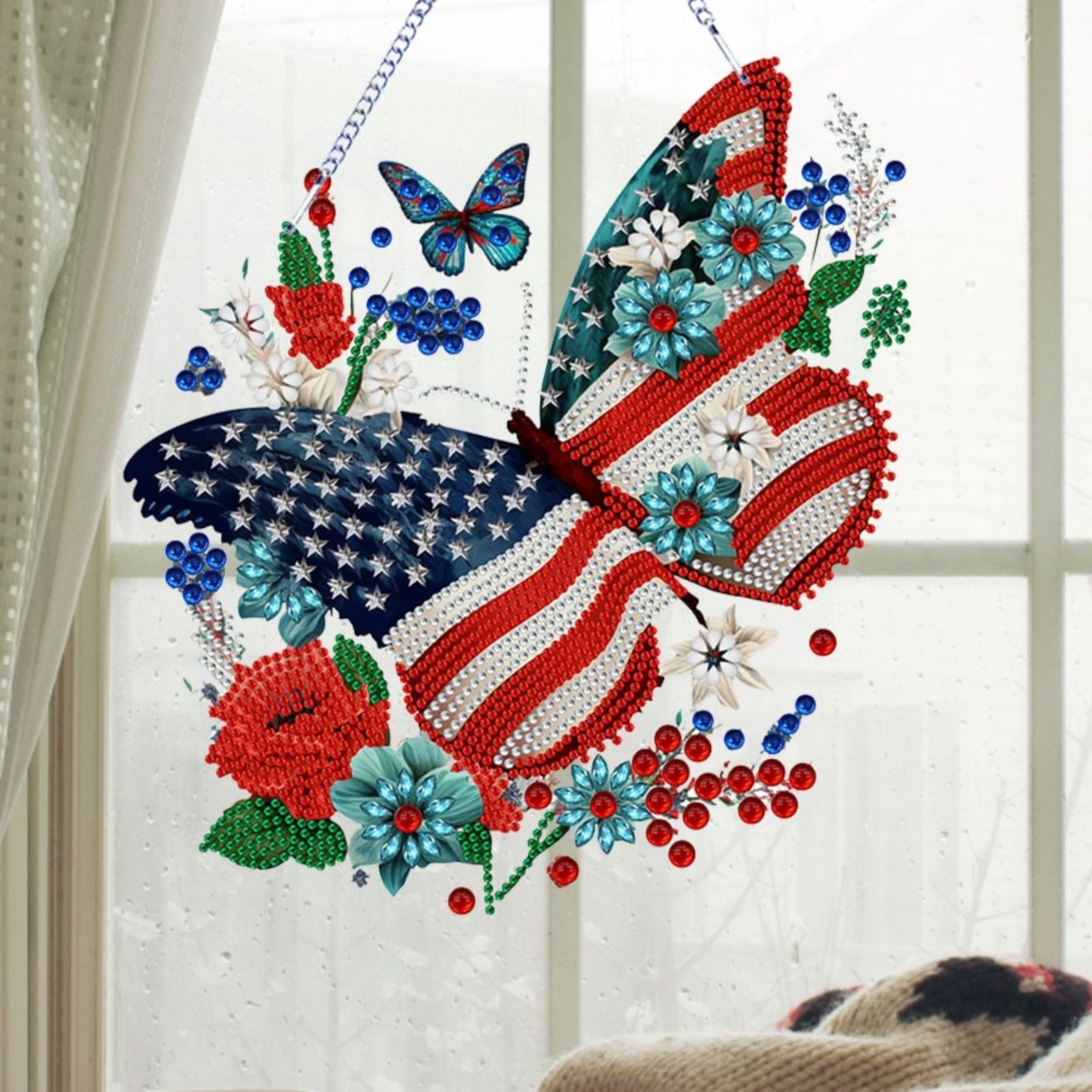 FLOPESN DIY Diamond Pendant Diamond Art Painting Independence Day USA Butterfly Creative Design PVC Home Decoration Pendant (Single Side Diamond)