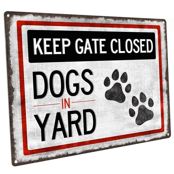 Dogs in Yard 9"x12" Metal Sign, Wall Decor for Porch, Patio, or Deck