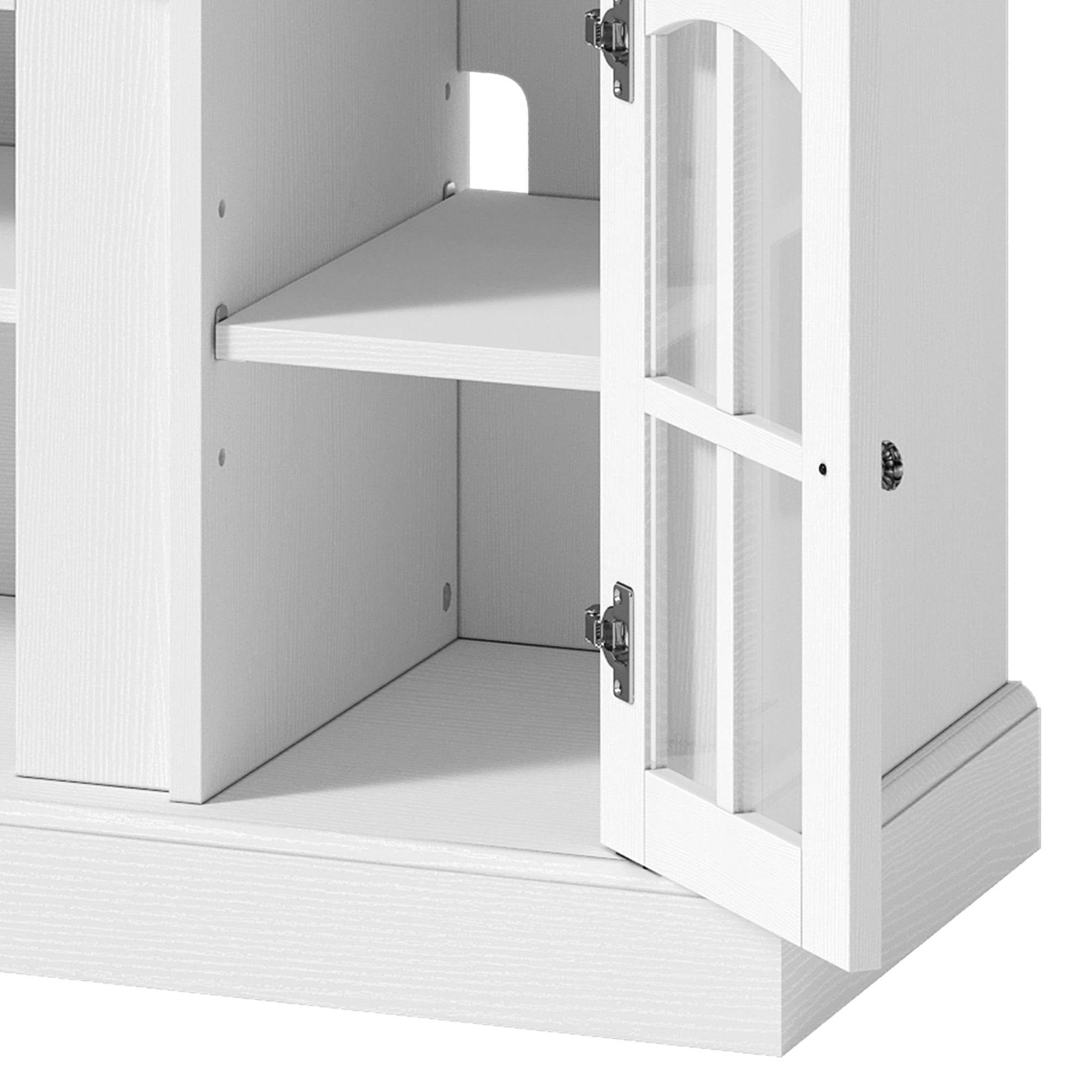 Uforic 66" Farmhouse TV Stand with LED Lights & Power Outlets, Tempered Glass Doors, Adjustable Shelves for Living Room for 75" TV, White