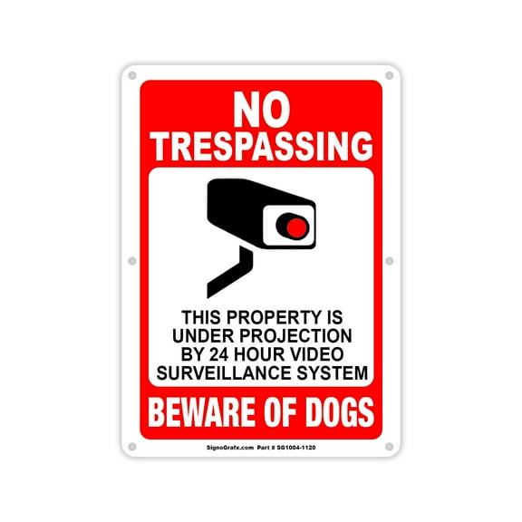 SIGNOGRAFX  24 HRS CAMERA IN USE  BEWARE OF DOG NO TRESPASSING, 14” x 10”, Metal Sign, Full Color Digital Printing, Easy to Install Indoor and Outdoor.