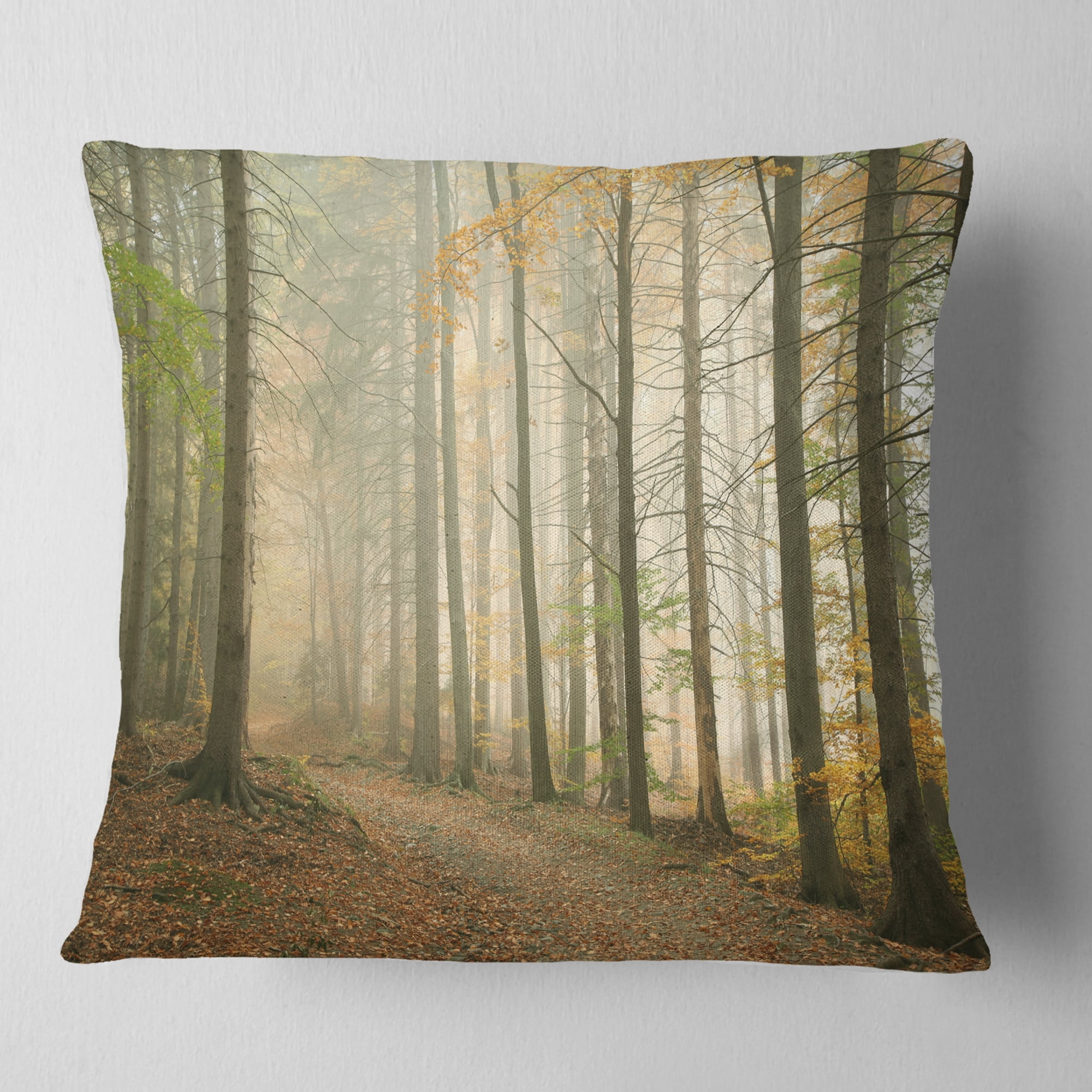 Designart Path in Misty Autumn Forest - Landscape Photography Throw Pillow - 18x18