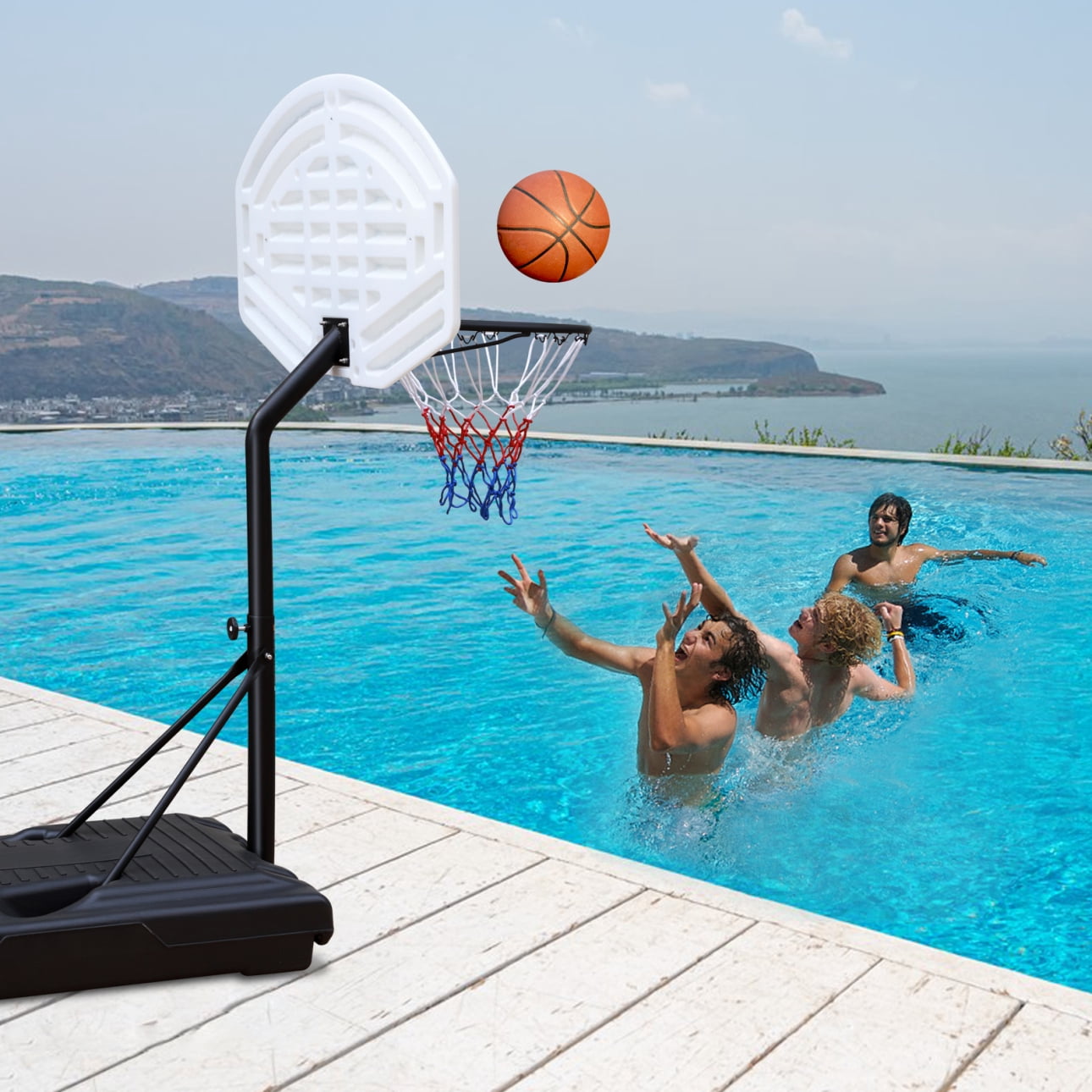 Pool Basketball Hoop, 3.1ft-4.7ft Height Adjustable Basketball Hoop for Pool Swimming Pool Basketball Hoop with 36" Backboard for Indoor Outdoor, Black