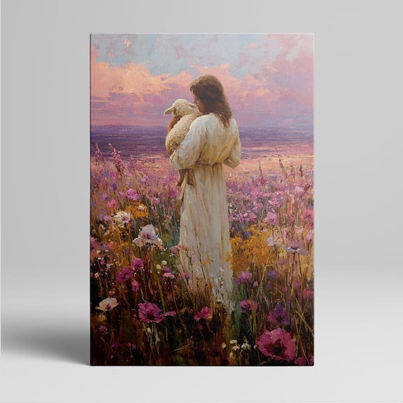 1pc Jesus Holding a Lamb in a Floral Field Framed Decor room hanging Wall Picture Decor for Home Gifts, living room, bathroom, bedroom, kitchen wall art decor canvas wall art