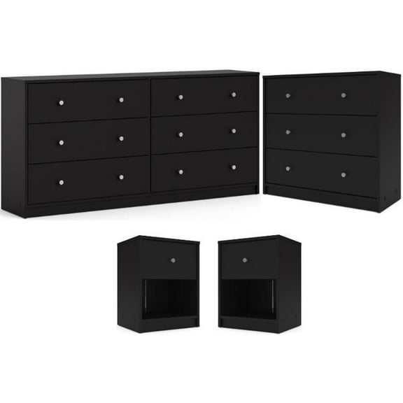 Pemberly Row Engineered Wood 4pc Set of Chest Dresser and 2 Nightstands in Black