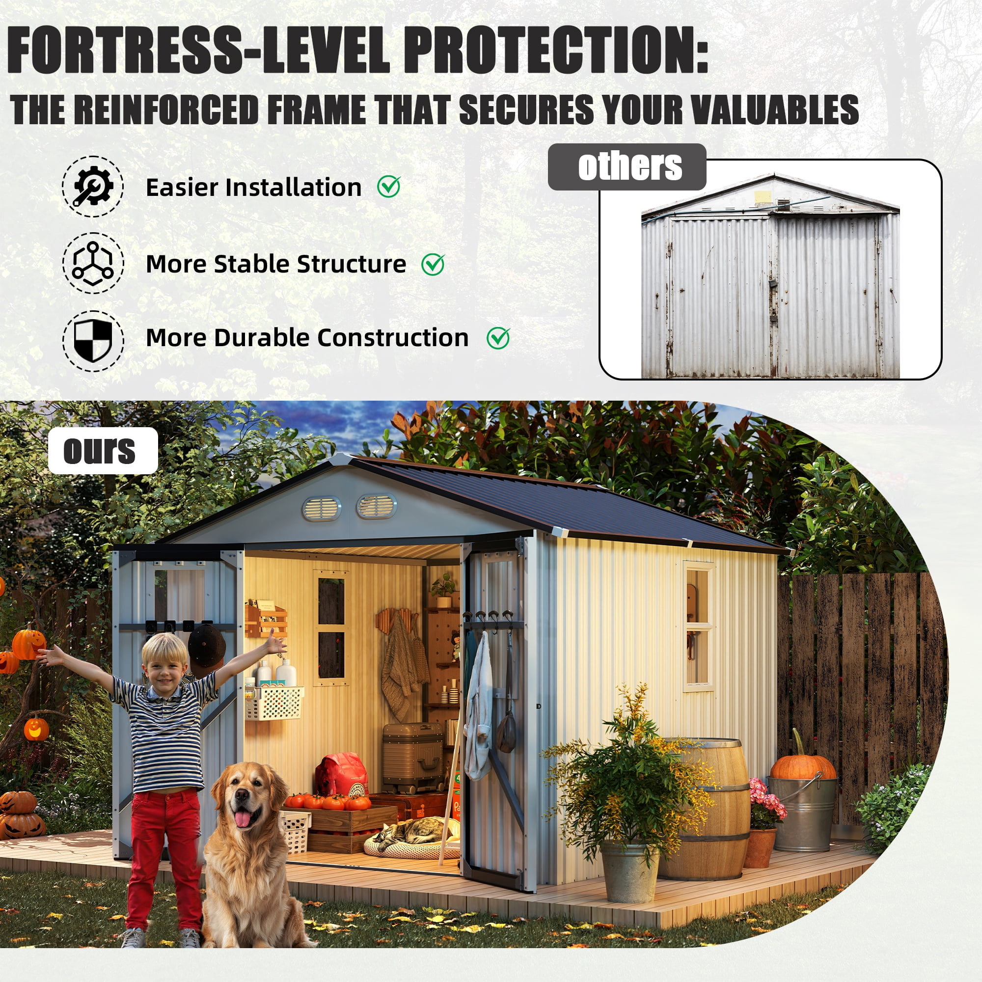 DTTRA 8 x 8 ft Outdoor Metal Storage Shed with 4 Window and Lockable Door, Waterproof Outside Storage Building for Garden, Backyard, Tool Storage Use, Easy to Install, White