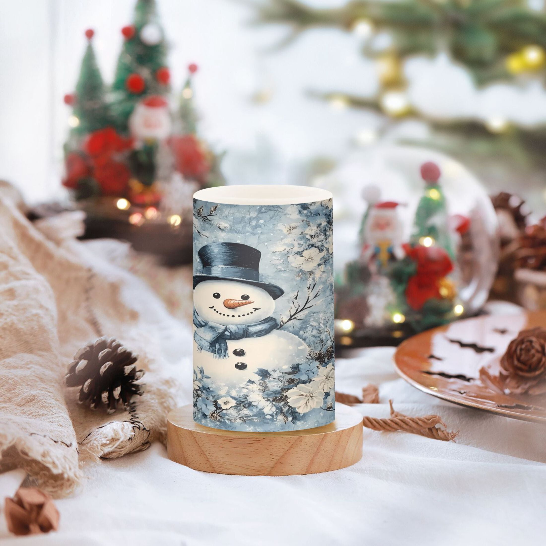 Flickering Flameless LED Candles set of 2 Battery Operated 18-Key Remotes Timer Halloween Fall Decor Blue Floral Snowman D3''xH4''5''