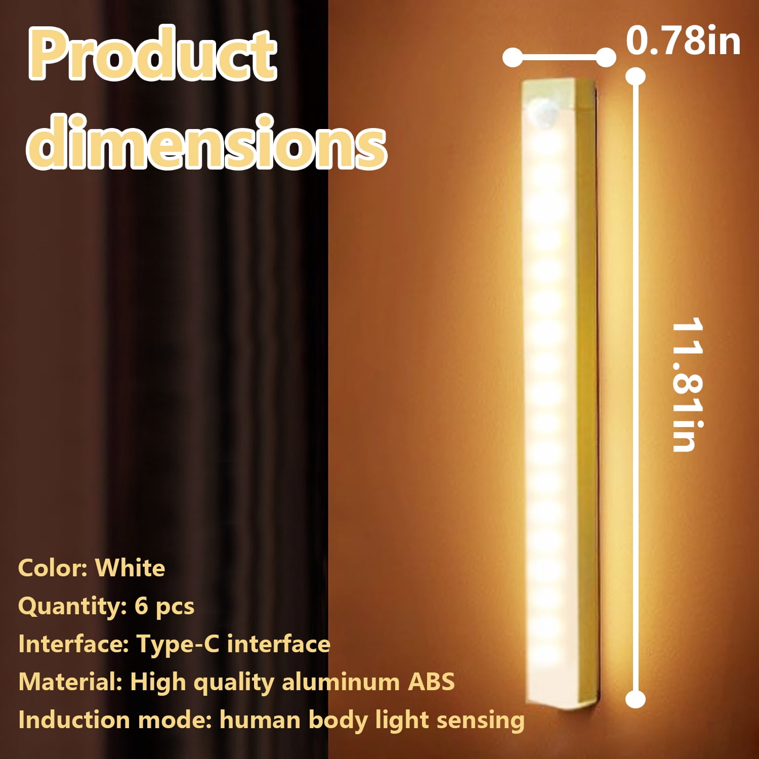 6 Pack LED Under Cabinet Lights,Dimmable Motion Sensor Light,Sticky Lamps Closet Light,USB Rechargeable LED Lights for Kitchen Hallway,11.81 x 0.78 in,White
