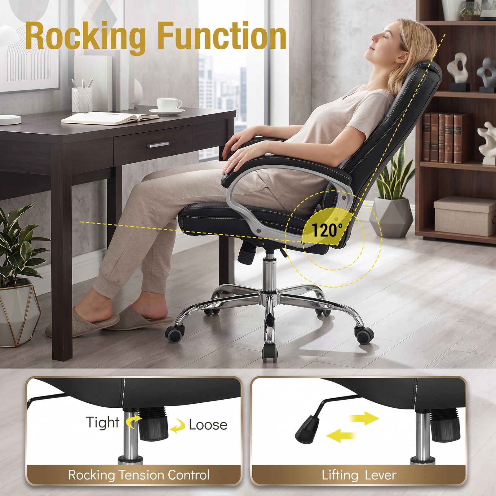 Furnibear Ergonomic Leather Office Chair, High Back PU Leather Executive Desk Chair with Padded Armrests, Adjustable Height, 360-Degree Swivel and Rocking, Black