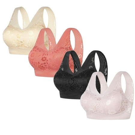 REORIAFEE Full Coverage Bras for Women 4 Pack Gathered Together No Wire Bras Floral Prints Brassiere Comfy Wide Strap Breathable Corset Underwear Comfortable Classic Support Lingerie Black XL
