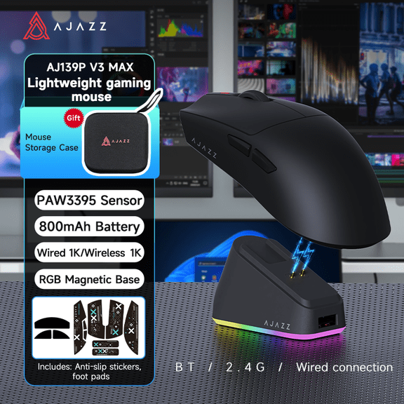 AJAZZ AJ139P V3 MAX Tri-Mode Wireless Gaming Mouse, PAW3395 Sensor, 69g Lightweight with RGB Magnetic Charging Dock