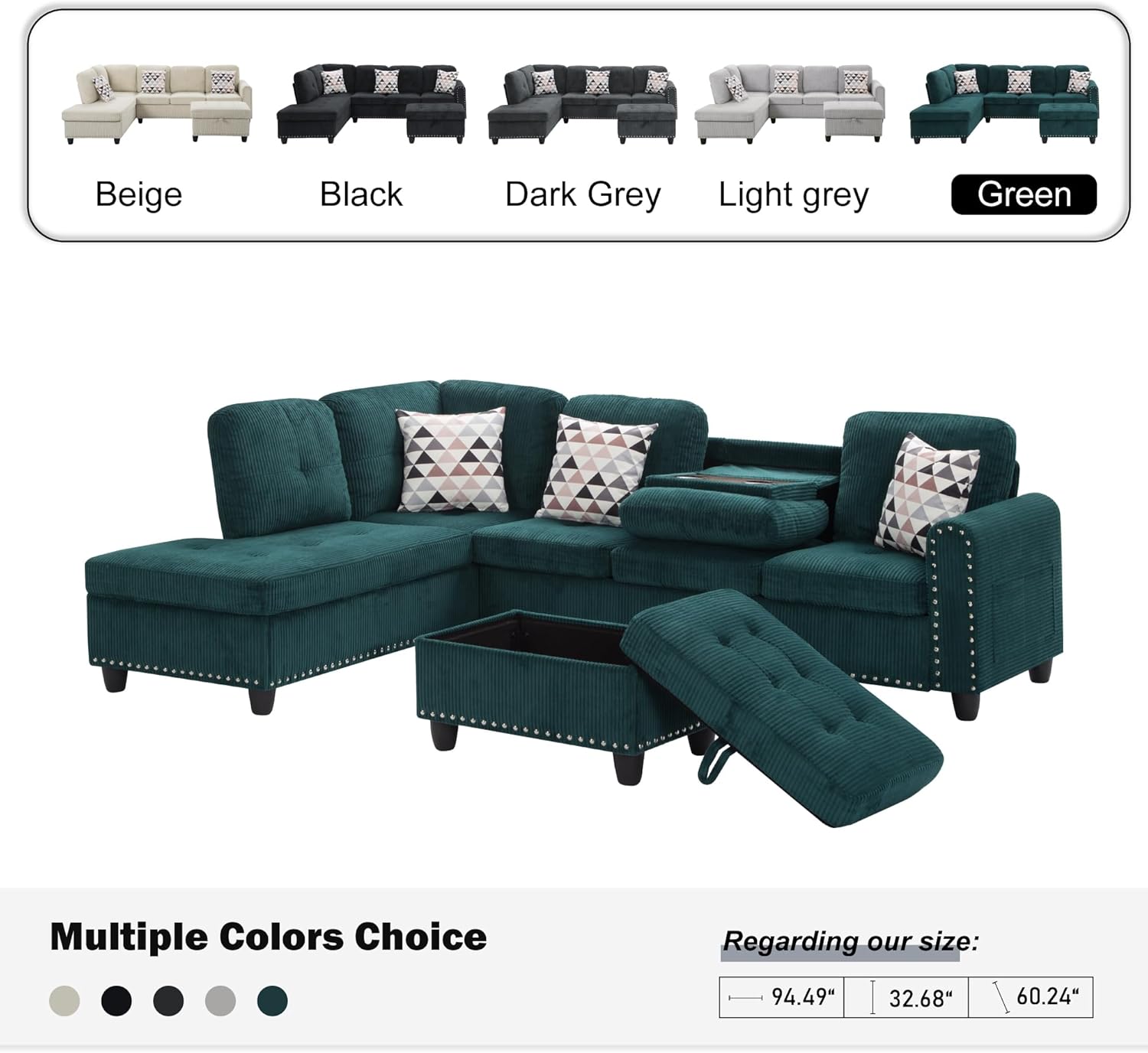 Gewnee 6 Seaters 94.49”L-Shaped Modular Sectional Sofa Couch ,Corduroy Fabric 2 Built-in Cup Holders with Storage Ottoman for Living Room