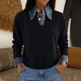 thumbnail image 2 of FAVIPT Fall Oversized Knit Top for Women Lapel Button Up Denim Patchwork Shirts 2 in 1 Cozy Long Sleeve Sweater Black,Free Size, 2 of 8
