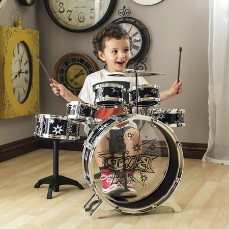 Best Choice Products 11-Piece Kids Starter Drum Set w/ Bass Drum, Tom Drums, Snare, Cymbal, Stool, Drumsticks - Black