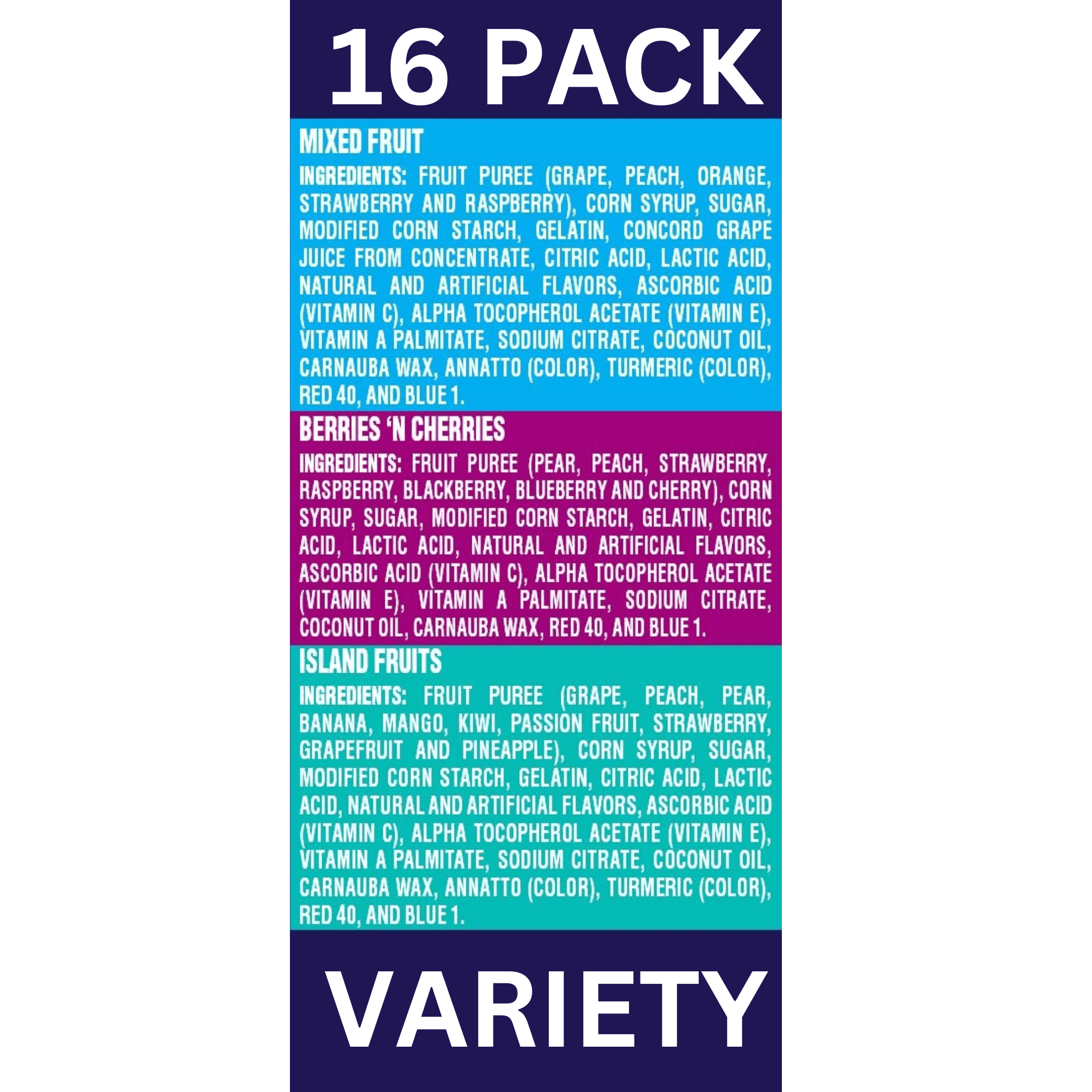 Welch's Fruit Snacks, Bulk Variety Pack with Mixed Fruit, Island Fruit and Berries and Cherries 2.25 Oz. (Pack of 16)