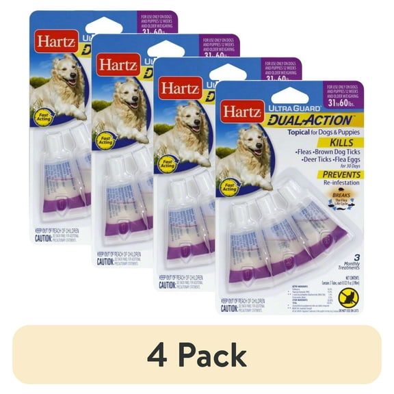(4 pack) Hartz UltraGuard Dual Action Flea and Tick Topical for Dogs, Large, 31-60lbs, 3 Doses