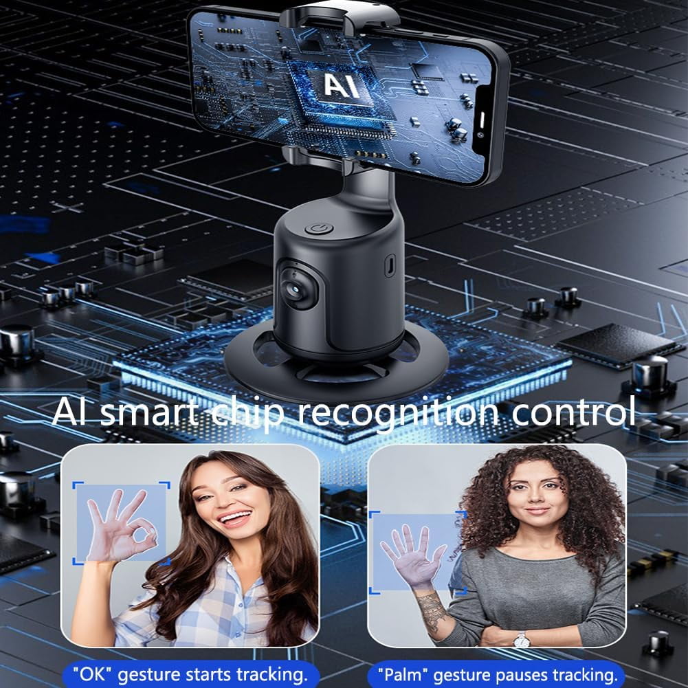 Smart AI Facial Recognition Phone Tripod, Auto Face Tracking for iPhone Android, 360° Rotation Phone Stand, Rechargeable Smart Shooting Stand (Black, Only Smart Tracking Gimbal)