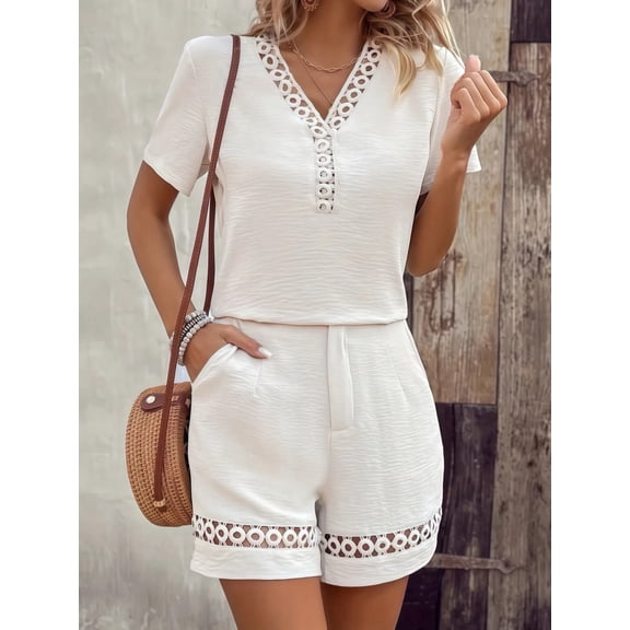 Solid Lace Patchwork 2 Piece Outfit, Women Summer Short Sleeve Top & Shorts Set