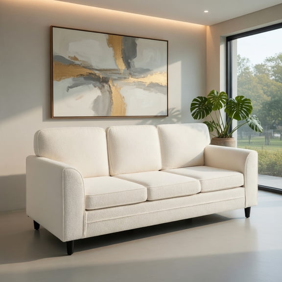 Demi Bonn 3-Seat Sofa for Living Room, Modern Comfy Sofa with Comfy Back Pillows, Upholstered Teddy Velvet Couches for Small Space, Apartment, White