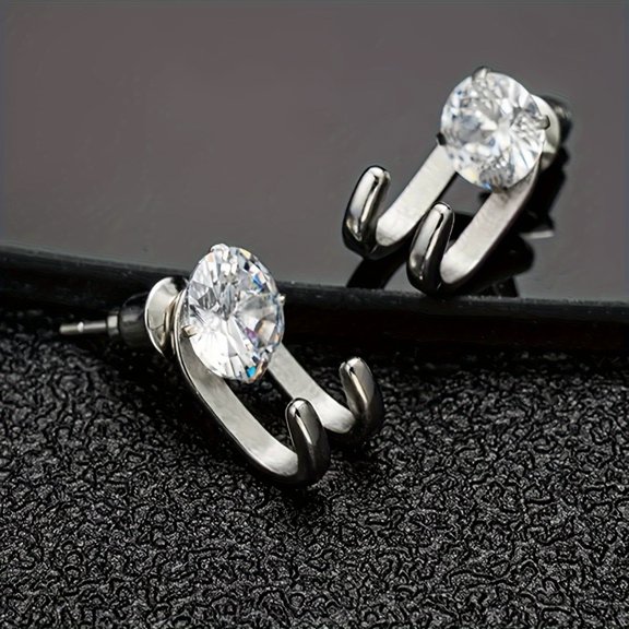 2pcs/pair Stainless Steel Round Cubic Zirconia Stud Earrings, Men's Fashion Hook Stud Earrings,Silvery