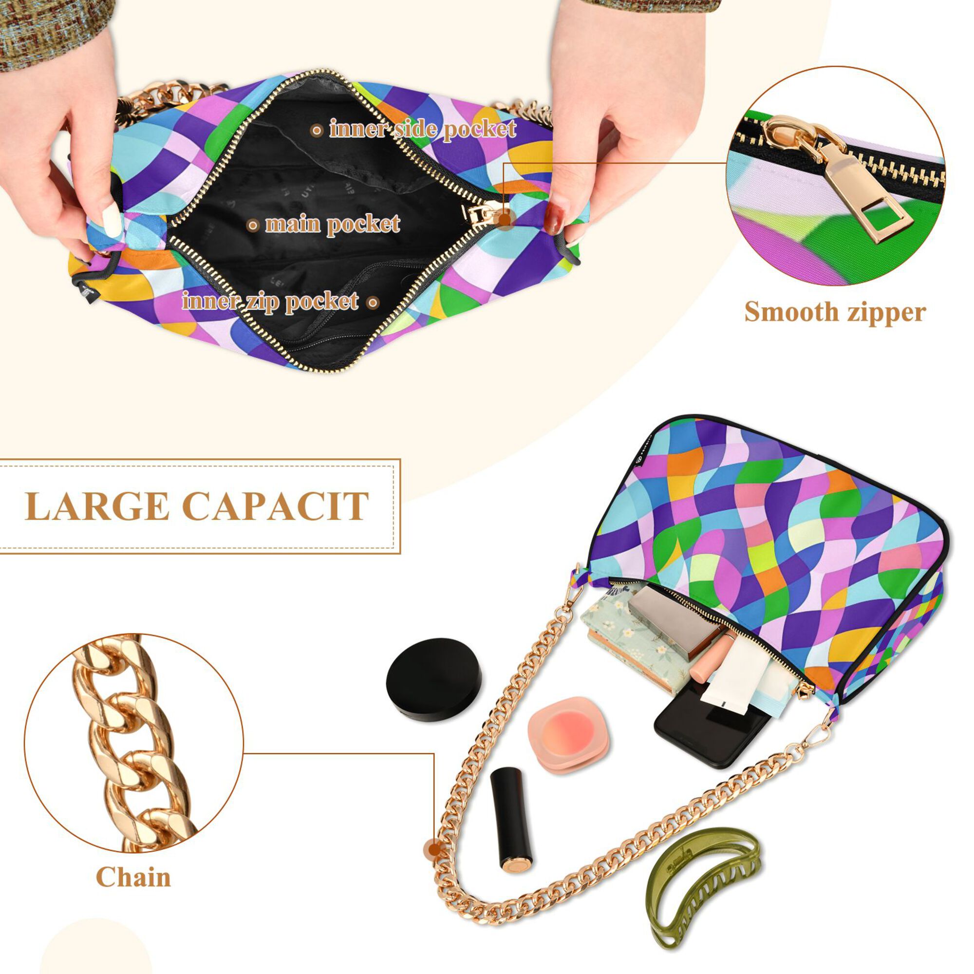 FORMRS Womens Shoulder Bag with Chain Strap Clutch Purse Cute Tote Handbag, Green Wavy Plaid