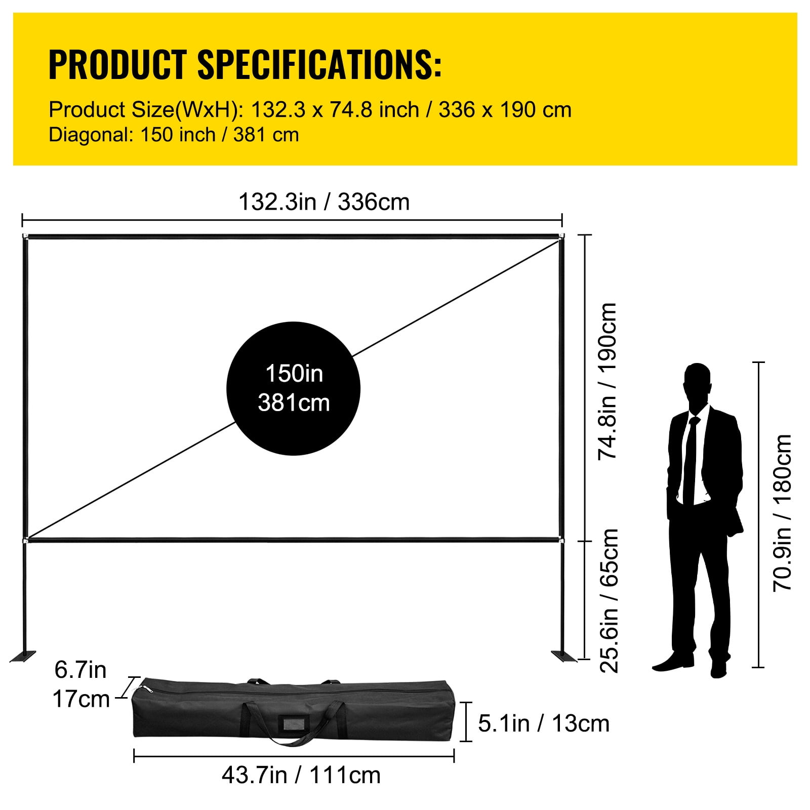 KFFKFF Outdoor Movie Screen w/ Stand, 150" Portable Movie Screen, 16:9 HD Wide Angle Outdoor Projector Screen, Front & Rear Projection,