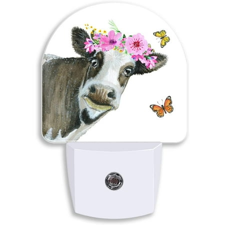 

Cow With Wreath Night Light Watercolor Painted Cow And Butterfly Night Lights Plug Into Wall With Dusk To Dawn Sensor Led Lights Automatic Night Light For Boys Girls Bedroom 0.5W Energy Saving