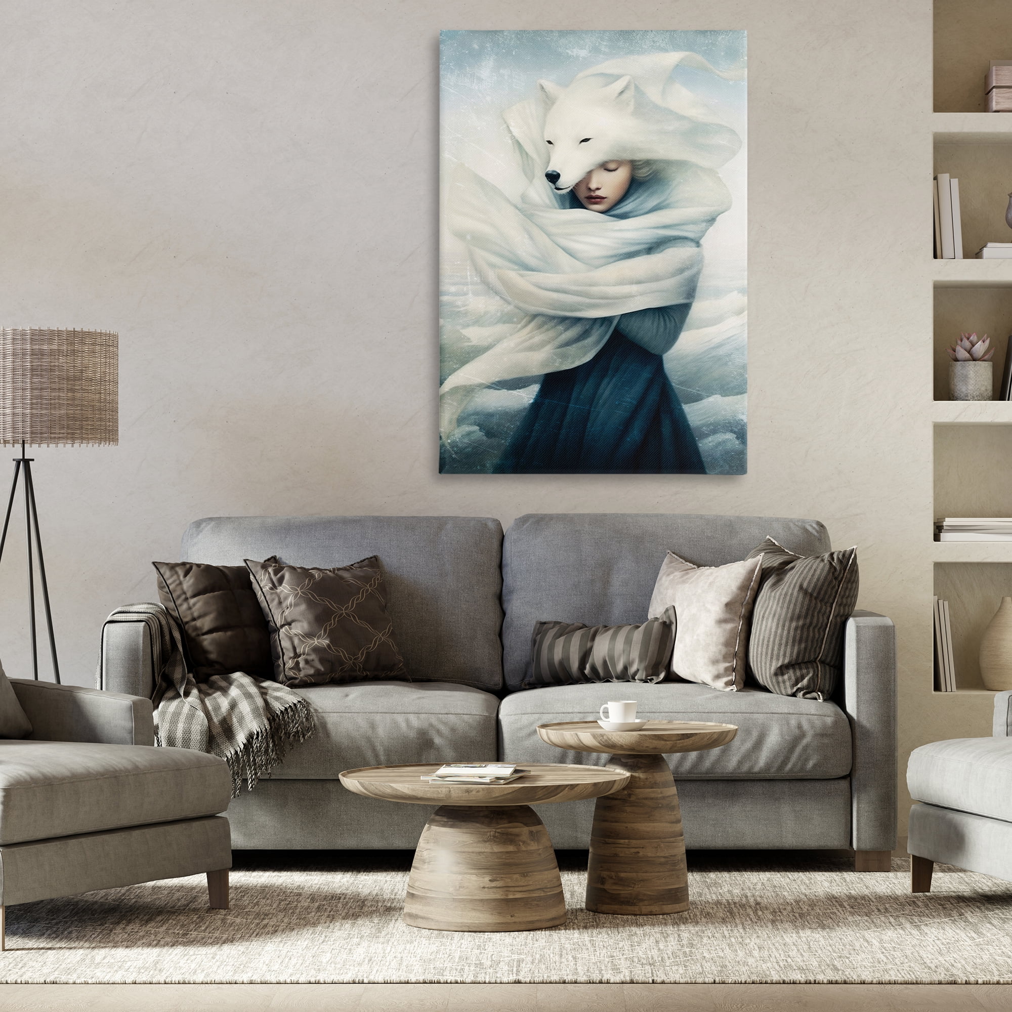 Stupell Industries Wolf Swathed Woman People Painting Wrapped Canvas Art Print Wall Art, 30 x 45