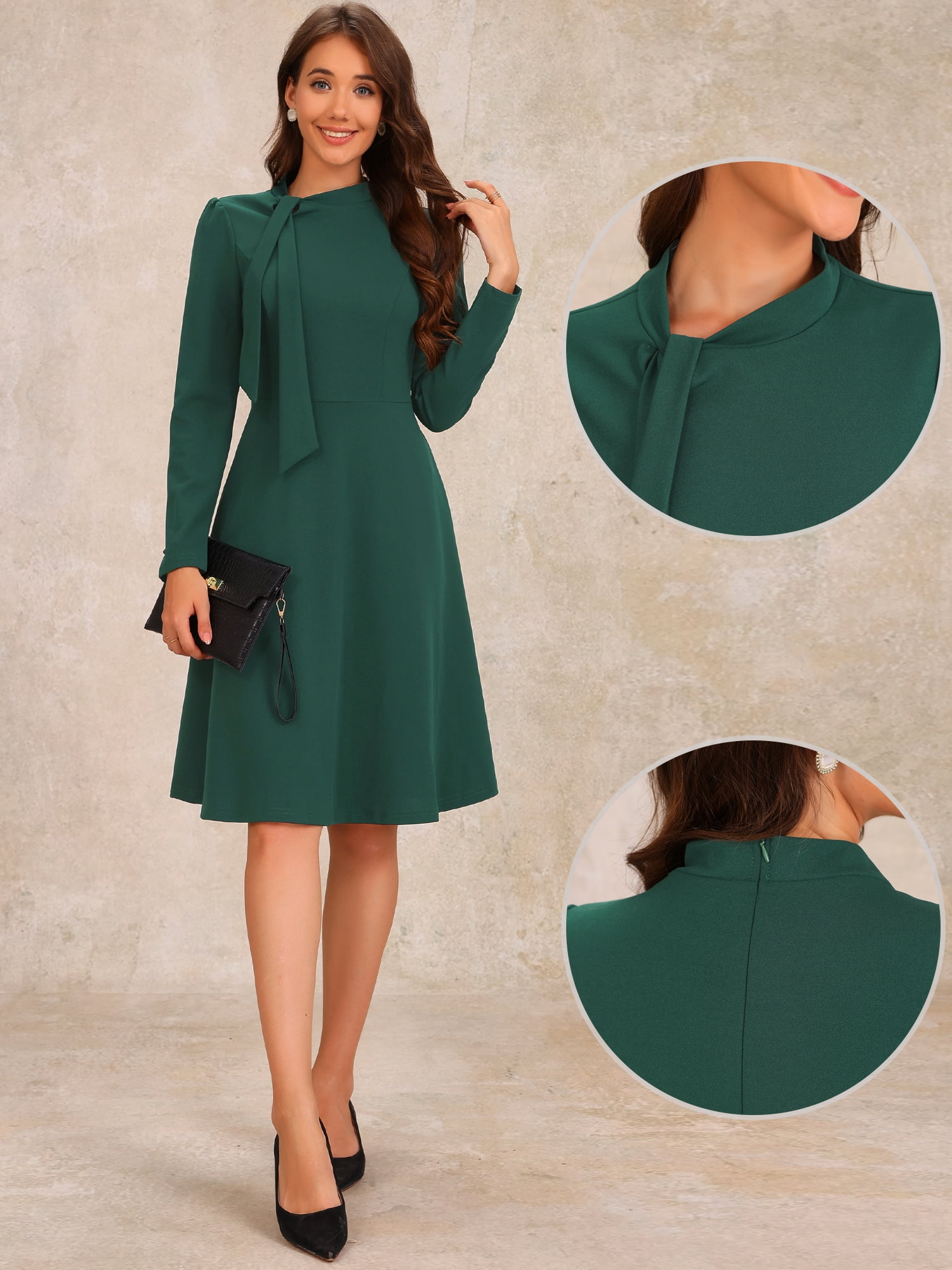 DARING DIVA Collar Tie Mock Neck a Line Elegant Midi Dress L Dark Green