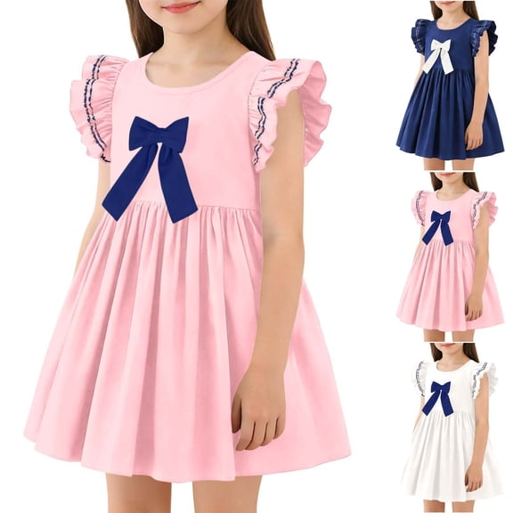 SROBPTY Girls Summer Dress Solid Crew Neck Sleeveless Mid-Length Sundress for 2-8 Years