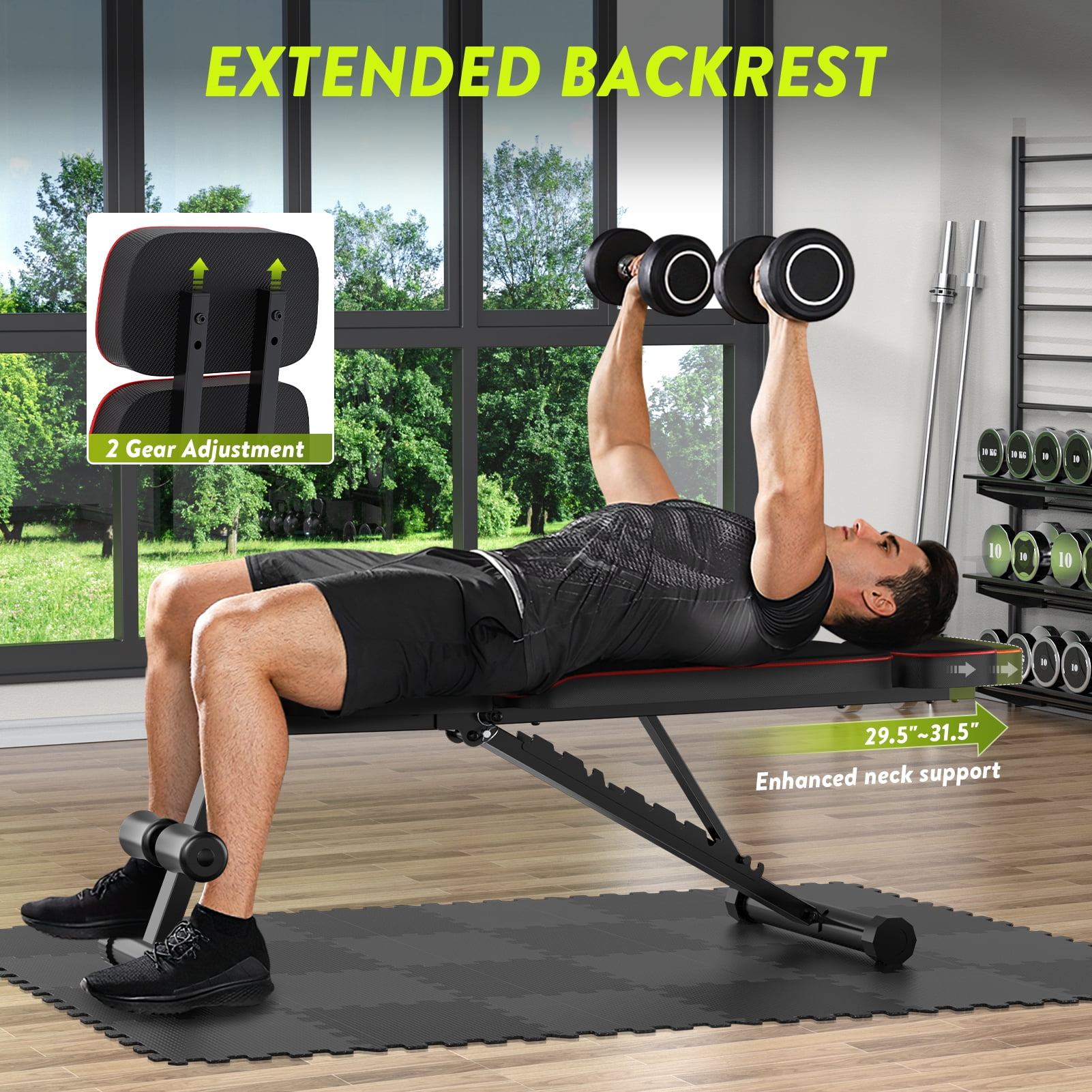Adjustable Weight Bench Foldable -800LB Workout Bench, Extended head and neck protection design, 3 Sec Fast Folding Multi-Purpose for Full Body Workout