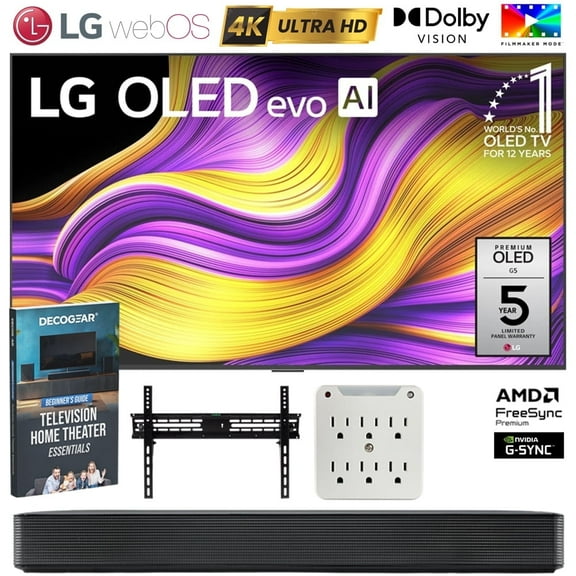 LG OLED65G5WUA 65" OLED evo 4K UHD Smart TV with One Wall Design 2025 Bundle with SKM1 2.0 Ch. Soundbar, TV Wall Mount, 6-Outlet Surge Adapter & Deco Gear Complete Home Theater Beginner's Guidebook