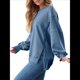 thumbnail image 3 of Sudaderas de Gran Tamaño para Mujer, Cuello Redondo, Larga, Informales, Holgadas, con Abertura, Otoño 2025 Azul Gris XL, 3 of 8