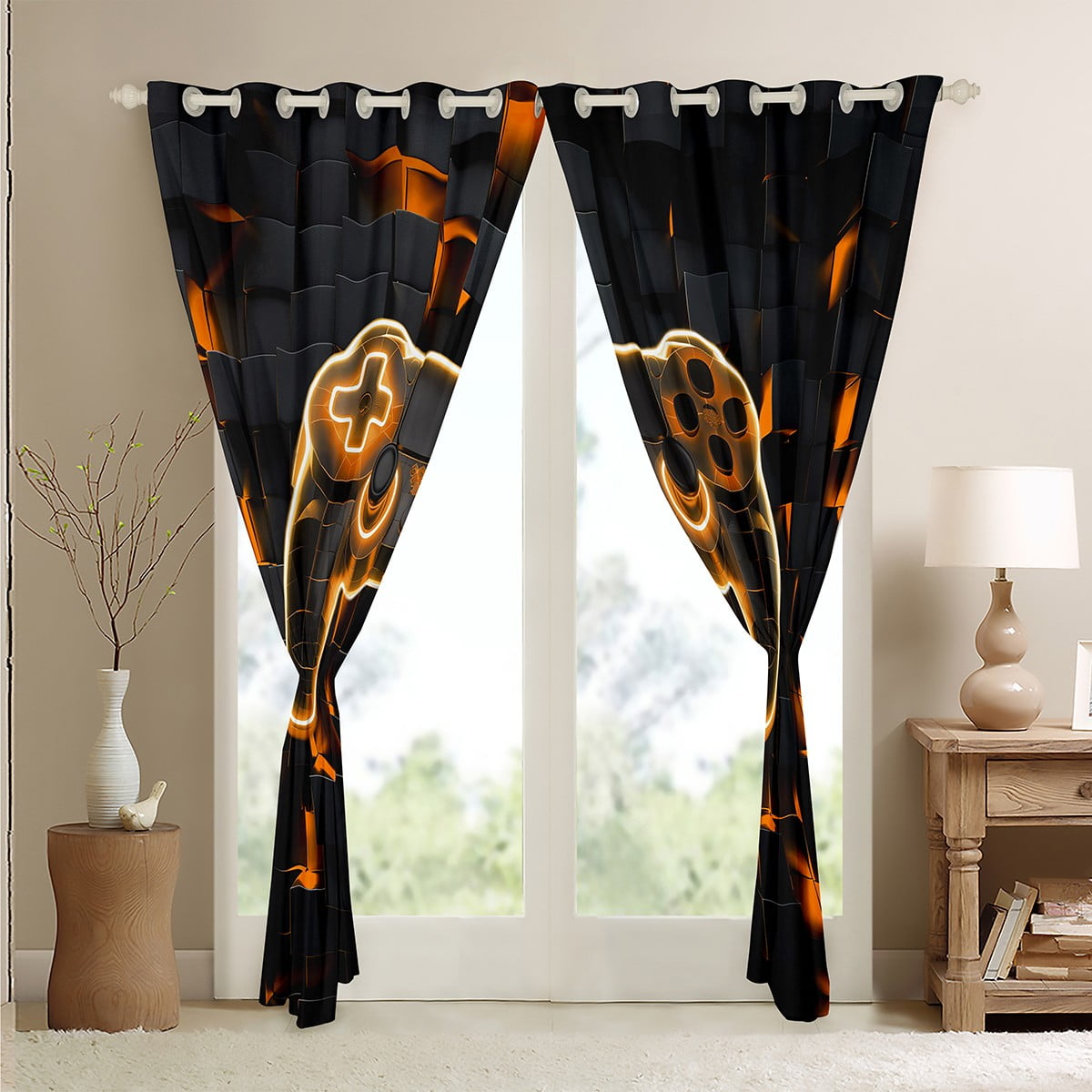 Gamer 30%-50% Blackout Curtains Gaming Themed Curtains Bedroom Curtains,Orange Geometry Honeycomb Print Window Curtains,Modern Abstract Plaid Curtains,2 Panels 52"Wx84"L