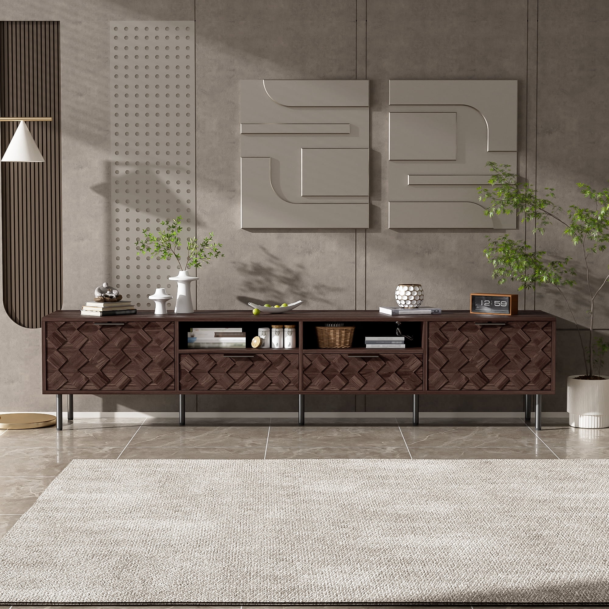 TV Stand for TVs up to 85 Inch, Entertainment Center with 3D Diamond Interwoven Doors & Cable Management, Media Console with Iron Legs for Living Room